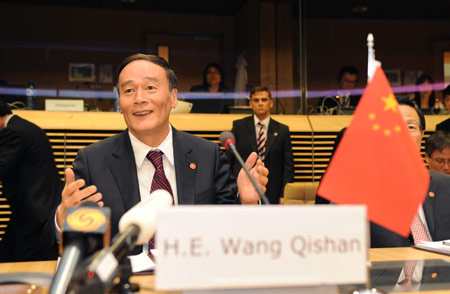 Chinese Vice Premier Wang Qishan speaks during the Second China-European Union High Level Economic and Trade Dialog at the EU headquarters in Brussels, capital of Belgium, on May 7, 2009.