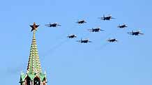 Russian military air force fly over Red Square during a military parade in Moscow, Russia, on May 9, 2009. Russia staged a military parade on Moscow's Red Square on Saturday to celebrate the 64th anniversary of the victory over Nazi Germany in World War II.