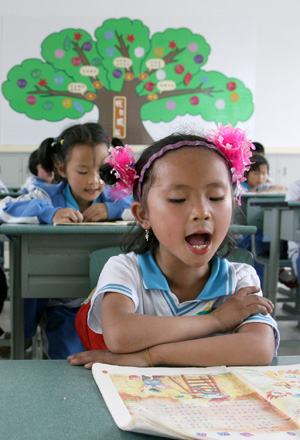 Pupils attend a music class at a primary school in Chongyi Town of Dujiangyan City, southwest China's Sichuan Province, May 9, 2009. The school, reconstructed after the deadly May 12 earthquake last year with the aid of Shanghai Municipality in east China, can resist magnitude-8.0 quake. (Xinhua/Zheng Yue)