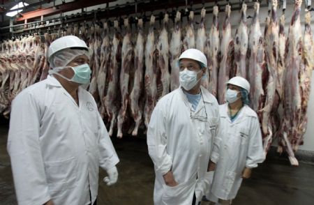 Staff-members from Venezuelan Health Ministry inspect the pork to be exported to Venezuela in Managua, capital of Nicaragua, on May 13, 2009. A special inspection and quarantine team sent by Venezuelan Health Ministry arrived in Managua on Wednesday to start the inspection task on pork to be exported to Venezuela.