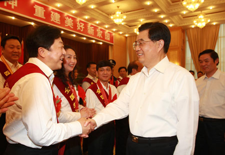 Chinese President Hu Jintao meets with representatives of anti-quake heroes, government officials and reconstruction project workers in Mianyang, southwest China's Sichuan Province. Hu Jintao visited the reconstruction projects in the quake-hit places in southwest China's Sichuan Province on May 11 and May 12, 2009. 