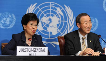 World Health Organization (WHO) Director-General Margaret Chan speaks while United Nations Secretary-General Ban Ki-moon looks on at a press conference in Geneva on May 19, 2009. 