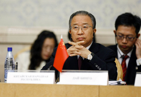 Chinese State Councilor Dai Bingguo listens during a meeting of the security representatives of the BRIC countries (Brazil, Russia, India and China) in Moscow, Russia, on May 29, 2009.