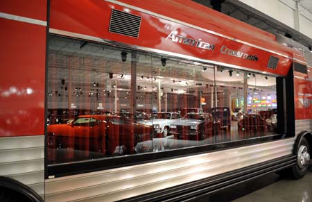 GM cars are reflected on an oversized car window in GM Heritage Center in Sterling Heights, Michigan, the United States, on May 29, 2009. 