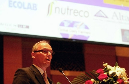 Bram Prins, president of the Global Dairy Farmers, speaks during the 2009 Hohhot Forum of Global Dairy Farmers in Hohhot, capital of north China's Inner Mongolia Autonomous Region, on June 2, 2009. Delegates of the Global Dairy Farmers, the Hohhot Dairy Association and the Dairy United discussed their coopertation in the future at the forum. They also exchanged views about the development of dairy industry in China and the world.