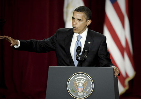 US President Barack Obama delivers a long anticipated speech on June 4, 2009 to the Muslim world during his visit to Egypt in Cairo University in Cairo, capital of Egypt, which is aimed at recovering US relations with Muslim countries. 