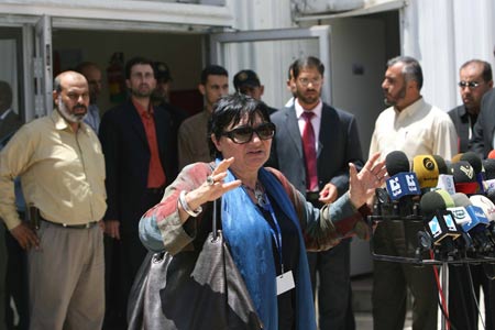 Vice President of Europe Parliament Luisa Morgantini speaks to press upon her arrival at Gaza in June 9, 2009. A delegation of 41 European legislators entered the Gaza Strip via Egypt to inspect the war-torn territory on Tuesday. More than 1,400 Palestinians were killed in the Israeli assault on Gaza between December 27, 2008 and January 18, 2009, most of them civilians, say human rights groups.