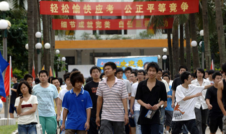 Students walk out after finishing their college entrance exam at the Haikou No.1 Middle School in Haikou, capital of south China's Hainan Province, on June 9, 2009.