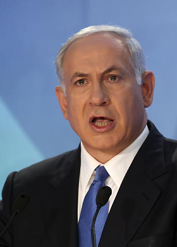 Israeli Prime Minister Benjamin Netanyahu delivers a speech at Bar Ilan University near Tel Aviv, on June 14, 2009. Netanyahu Sunday night called on the Palestinians to resume Middle East peace talks without preconditions and presented three conditions for the establishment of a Palestinian state alongside Israel.