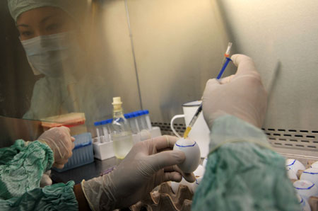 Researchers inoculate the virus strains of the influenza A/H1NI to the chicken embryo at a lab of the Wuhan Institute of Biological Products in Wuhan, central China's Hubei Province, on June 17, 2009.