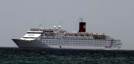 Photo taken on June 17, 2009 shows a Spanish cruise ship named the Ocean Dream docked off the island of Margarita, northeast Venezuela. Venezuela quarantined a cruise ship on Wednesday after three crew members were diagnosed with the A/H1N1 flu virus. The cruise ship is docked off Margarita and the passengers aboard will not be allowed off for a week, Venezuelan officials said. 