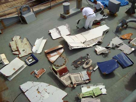 A handout picture from the Brazilian Navy released on June 23, 2009 shows debris of the crashed Air France Airbus A330 out of the Atlantic Ocean are displayed on the board of a Brazilian Navy warship. Brazilian Navy said on Tuesday that the searching work will go on but when it is to end is still unknown.