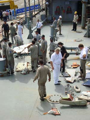 A handout picture from the Brazilian Navy released on June 23, 2009 shows debris of the crashed Air France Airbus A330 out of the Atlantic Ocean are displayed on the board of a Brazilian Navy warship. Brazilian Navy said on Tuesday that the searching work will go on but when it is to end is still unknown.