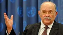 Miguel d'Escoto Brockmann, President of the 63rd Session of the UN General Assembly, gestures during a news conference at the UN headquarters in New York, June 26, 2009. Brockmann said here on Friday that the outcome document just approved by the UN high-level meeting on world financial and economic crisis was 'a great gain.' [