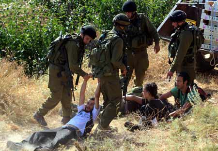 Israeli soldiers detain an activist in the West Bank village of Safa near Hebron on June 27, 2009. At least 20 pro-Palestinian activists were detained Saturday during a demonstration which later became a scuffle against Jewish settlements in the West Bank villages near Hebron.