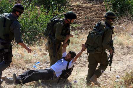 Israeli soldiers detain an activist in the West Bank village of Safa near Hebron on June 27, 2009. At least 20 pro-Palestinian activists were detained Saturday during a demonstration which later became a scuffle against Jewish settlements in the West Bank villages near Hebron. 