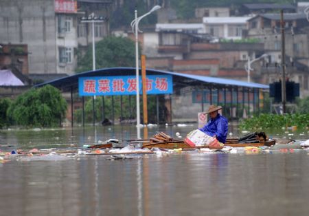 A local resident paddles boat on a flooded street in Rongshui Yao Autonomous County, southwest China's Guangxi Zhuang Autonomous Region, on July 4, 2009.