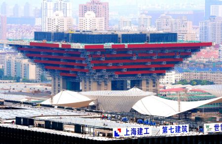 Photo taken on July 4, 2009 shows the China Pavilion under construction for the Shanghai 2010 World Expo in Shanghai, east China. The Shanghai 2010 World Expo is to open on May 1, 2010.