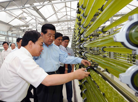 Jia Qinglin (2nd L Front), chairman of the National Committee of the Chinese People's Political Consultative Conference, visits XinAo Group, a private company specialized in research and development of renewable energy and new energy, during his inspection tour in Langfang, a city in north China's Hebei Province, on July 6, 2009.