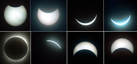 Combo photograph taken from 8:20 AM to 9:46 AM (from L, Upper to R, Bottom) on July 22, 2009 shows the process of the total solar eclipse seen in southwest China's Chongqing Municipality.