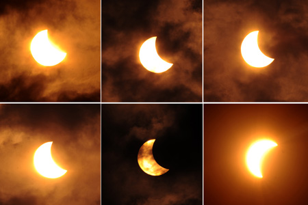 Combo photograph taken at 8:30 AM, 8:36 AM, 8:37 AM, 8:38 AM, 8:41AM and 9:05 AM (from L, Upper to R, Bottom) on July 22, 2009 shows the process of the solar eclipse seen in Hohhot, capital of north China's Inner Mongolia Autonomous Region. [