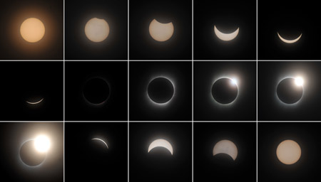 Combo photograph taken from 7:29:56 AM (1st L, Upper) to 10:30:37 AM (R, Bottom) on July 22, 2009 shows the process of the total solar eclipse seen at a park in southwest China's Chongqing Municipality. 