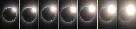 The Baily's Beads of solar eclipse is gradually formed in this combo photograph taken from 9:16:45 AMto 9:16:47 AM (from L to R) in southwest China's Chongqing Municipality on July 22, 2009.