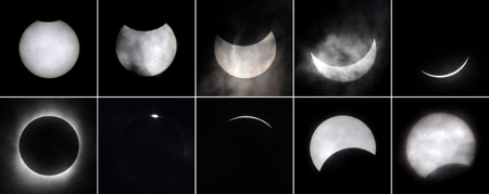 Combo photograph taken from 8:19 AM (1st L, Upper) to 10:27 (5th R, Bottom) respectively on July 22, 2009 shows the total solar eclipse observed in Wuhan, capital of central China's Hubei Province.