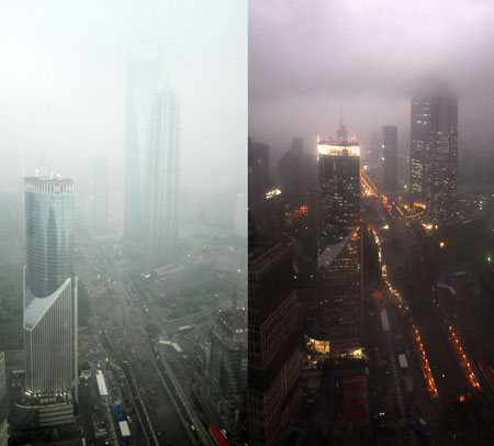 Combo photo taken on July 22, 2009 shows the landscape of Shanghai before (L) and during the full solar eclipse occurring over east China's Shanghai. As full solar eclipse occured, the city illumination of main roads and airports were switched on for safe traffic.