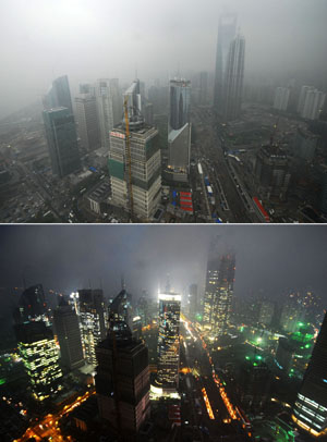 Combo photo taken on July 22, 2009 shows the landscape of Shanghai before (up) and during the full solar eclipse occurring over east China's Shanghai. As full solar eclipse occurred, the city illumination of main roads and airports were switched on for safe traffic. 