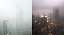 Combo photo taken on July 22, 2009 shows the landscape of Shanghai before (L) and during the full solar eclipse occurring over east China's Shanghai. As full solar eclipse occured, the city illumination of main roads and airports were switched on for safe traffic.