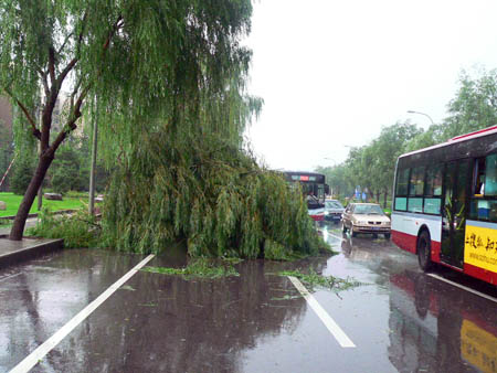 Vehicles and cyclists drive in water after a heavy rain hit Beijing, capital of China, on July 22, 2009. A summer heavy rain hit China&apos;s capital city on Wednesday evening.