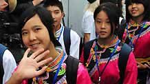 Students from China's earthquake areas arrive at the 'Ocean' All-Russia Children's Care Center in Vladivostok, Russia, on July 23, 2009. A total of 550 children from southwest China's earthquake areas flew to Russia's Far East on Thursday for a three-week rehabilitation program at the invitation of the Russian government.