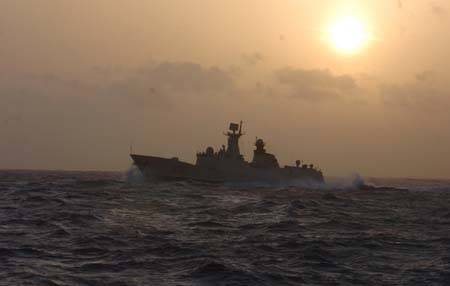 Chinese naval &apos;Xuzhou&apos; missile frigate sails in the roaring Arabian sea, the Indian Ocean on July 28, 2009.