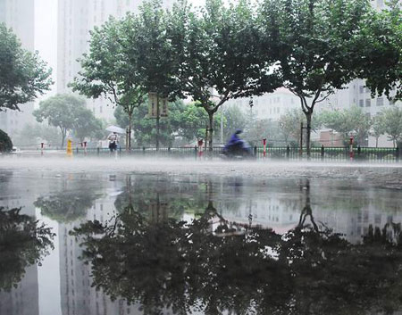 Pedestrians walk in water after a heavy rain hit Shanghai, China, on July 30, 2009. A summer heavy rain which triggered red alert hit Shanghai city on Thursday. 