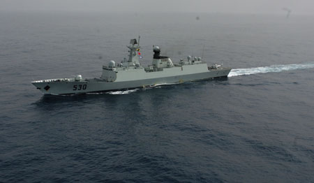 Xuzhou missile frigate sail on the Gulf of Aden, on July 30, 2009. Two frigates and a supply ship from the Chinese navy, on another escort mission to fend off Somali pirates, joined with the second naval escort on Thursday.