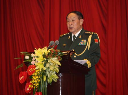 Chinese Defense Minister Liang Guanglie, who is also member of the Central Military Commission (CMC) and a state councilor, speaks at a reception to mark the 82nd founding anniversary of the Chinese People's Liberation Army (PLA) in Beijing, capital of China, July 31, 2009. (Xinhua/Wang Jianmin)