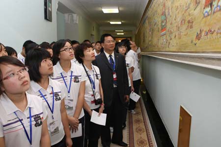 Students from the quake-hit Sichuan Province of China visit the State Palace in Ulan Bator, Mongolia on July 31, 2009. Mongolian Prime Minister Sanjaagiin Bayaer meets with students from the quake-hit Sichuan Province who will enjoy their rehabilitation in Ulan Bator, July 31.