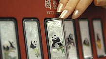 A salesgirl shows a colorful silver bullion with the design of a giant panda, in Beijing, capital of China, on August 4, 2009. This set of ornaments including six silver bullions with the design of giant pandas on them will be on the market on August 5 to celebrate the upcoming National Day.