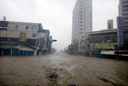 The urban area of Linbian Township in Pingtung County of southeast China's Taiwan, is flooded on August 8, 2009, because of heavy rainfall brought by typhoon 'Morakot'.