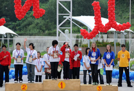Russian and Chinese children receive athletic competition awards during a soiree at the &apos;Ocean&apos; All-Russia Children&apos;s care center in Vladivostok, Russia, on August 11, 2009. 