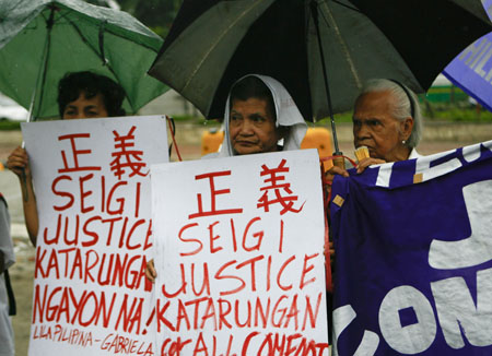 Filipino comfort women hold a demonstration outside the Japanese Embassy in Manila, capital of the Philippines, on August 12, 2009, demanding compensation and apologies from the Japanese government for the systematic rape of women by its imperial army during the Second World War.