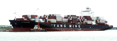 A cargo ship loaded with 100 makeshift houses in initial relief aid offered by mainland China docks at Kaohsiung port in southeast China's Taiwan Province, on August 18, 2009. The batch of the relief aid would be rushed to the Typhoon Morakot seriouly-striken areas in the island, which left more than 160 people dead and heavy property losses.