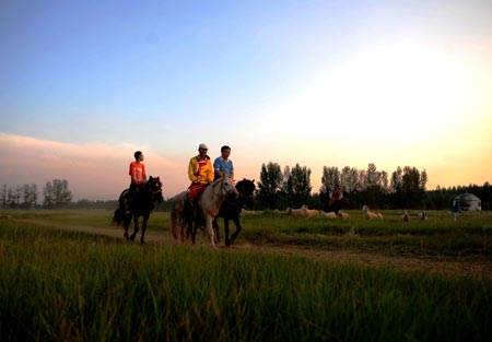 Tourists enjoy themselves in a grassland in Baotou City, north China's Inner Mongolia Autonomous Region, on August 19, 2009. 