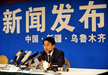 Deputy Mayor of Urumqi Zhang Hong speaks during a news conference in Urumqi, capital city of northwest China's Xinjiang Uygur Autonomous Region, September 4, 2009. Zhang Hong said on Friday the situation was basically under control in the city.