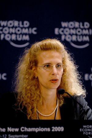 World Economic Forum (WEF) senior economist and director and head of Global Competitiveness Network Jannifer Blanke speaks during a press conference at the Annual Meeting of the New Champions 2009 in Dalian, northeast China's Liaoning Province, September 10, 2009.