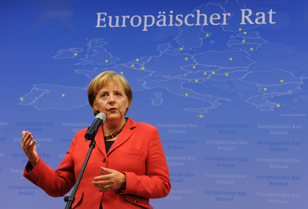 German Chancellor Angela Merkel speaks during a press conference after the European Union (EU) informal Summit at EU's headquarter in Brussels, capital of Belgium, September 17, 2009. 