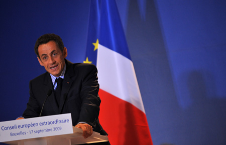 French President Nicolas Sarkozy speaks during a press conference after the European Union (EU) informal Summit at EU's headquarter in Brussels, capital of Belgium, September 17, 2009.