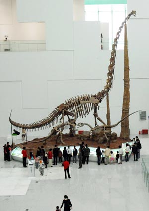 People look dinosaur fossils in the new China Science and Technology Museum in Beijing, capital of China, September 20, 2009. The Hi-tech and newly-built museum covering an area of 48,000 square meters was opened to the public on Sunday.