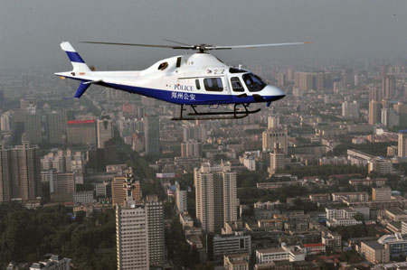 Two aviation policeman pilots demonstrate the formation in air prior to their helicopter routine patrol aviation for the tightening the orderly security guarding for the grand celebration of the National Day, in Zhengzhou, central China's Henan Province, September 23, 2009.